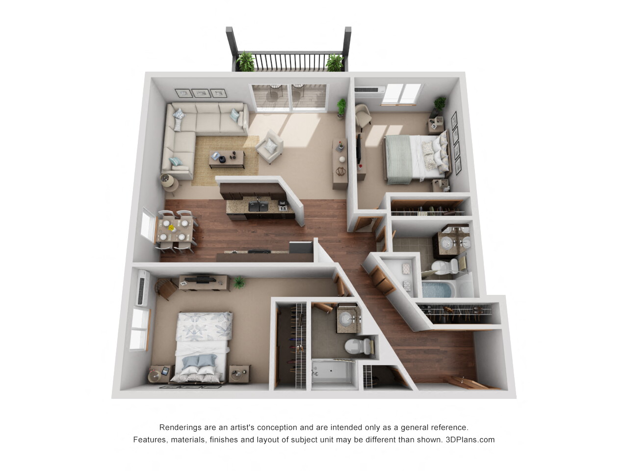 Floor plan for 2 beds, 2 baths, 1036 sqft